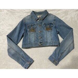Judy Blue Cropped Jean jacket Womens Large L Denim Biker  Embroidered Pockets